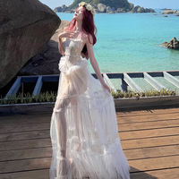 Robe longue décontractée blanche à col halter pour femme, en dentelle et tulle, coupe trapèze, fluide, idéale pour les vacances d'été, la plage et le quotidien