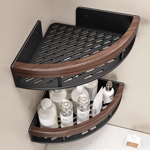 Shu Zheng Bathroom <b>Shelf</b> Corner Mounted Two Tier Walnut Wood Storage Rack For Toilet Shower Durable - Product Image 1