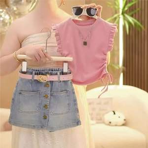 Nueva moda <span class=keywords><strong>2</strong></span> uds. Conjunto de ropa para niñas Camiseta de punto sin mangas con volantes sólidos + Pantalones cortos vaqueros trajes para niñas - Product Image 3