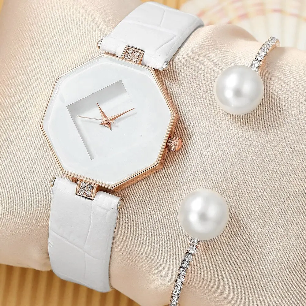 Fashionable Personality Watch White Leather Quartz Watch Sets 1pcs Watch And 1pcs Rhinestone Pearl Bracelet Gift Set