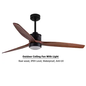 Contemporary Waterproof Wooden Blades DC Quiet Motor Wet Rated Outside Patios Gazebos Outdoor Ceiling Fan With LED Light