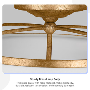 Vintage plafondlamp rustieke hotellaatsteenkamerdecoratie antiek gouden getextureerd metaal witte stoffen trommelkap LED semi-inbouwlamp - Product Image 3