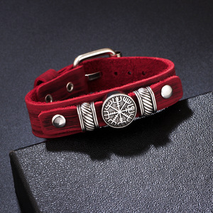 Men's Genuine <b>Leather</b> <b>Bracelet</b> With Compass Snowflake Design Punk Style Jewelry Gift For Men Black Brown Red Green Colors - Product Image 4