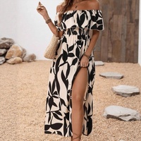 Robe longue d'été florale à volants pour femme, épaules dénudées, manches courtes, dos nu, corsage à volants, ourlet fendu, robes de plage