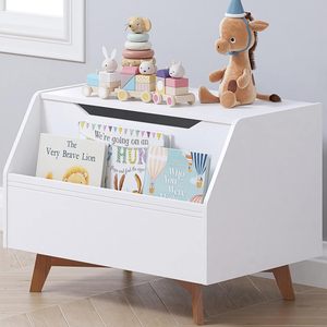Banc de rangement pour enfants en bois blanc moderne <span class=keywords><strong>avec</strong></span> fente pour livres. <span class=keywords><strong>Coffre</strong></span> multifonctionnel idéal pour ranger les jouets et les articles quotidiens des enfants - Product Image 1