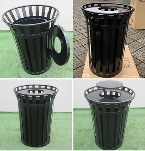 Factory Wholesale Metal Slatted Outdoor Trash Bin Park Commercial Steel Garbage Cans Metal Trash Cans For Outside