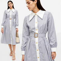 Robe chemise midi élégante pour femme, en coton teint en fil, à rayures, manches longues, ceinturée, avec col contrastant