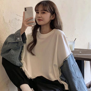 <span class=keywords><strong>Felpa</strong></span> in Denim in tessuto Patchwork da <span class=keywords><strong>donna</strong></span> con maniche a contrasto con orlo grezzo Design Casual foderato autunno primavera - Product Image 1