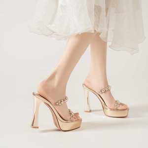 Sandales à talons compensés pour femme, plateforme, talon épais, bout ouvert, strass, bride arrière, tendance mode, couleur unie 9696-10 - Product Image 4