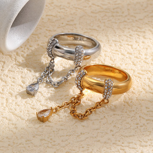Anillo Colgante con Cadena y Lágrima de Circonita Cúbica, Chapado en Oro de 18K PVD, Hipoalergénico, de Acero Inoxidable, Anillo Decorativo para el Dedo - Product Image 4
