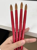 Kuas Kuku Rambut Kolinsky Berkualitas Mewah Sangat Tebal, Ferrule Berkerut, Gagang Logam Merah, Kuas Lukis Kuku Akrilik 10pcs