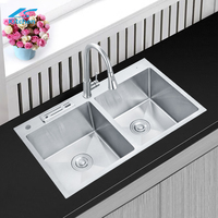 Évier de cuisine double bac en acier inoxydable fait main pour usage domestique, accessoires pour camping-car, carré, sous plan, deux trous, sans robinet