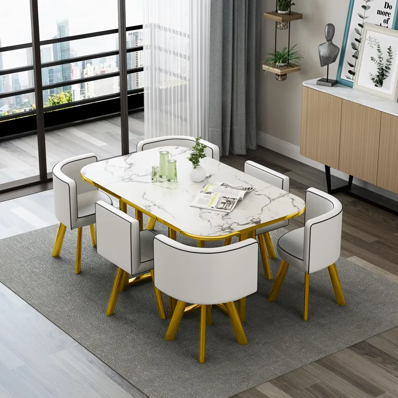 Luxus Holz moderne Vollholz Marmor Esstisch Set 6-Sitzer Tische mit Stuhl Wohnzimmer Restaurant Möbel Sets Stühle