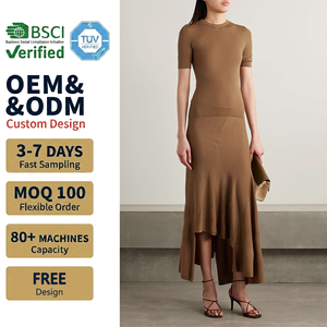 Women Autumn Ribbed Knit Anti-Wrinkle Skinny Fit Elegant Short Sleeve Crewneck Shirt Dress Set Manufacturer Custom Wholesale