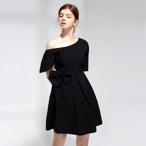 Mujer modelo damas ropa Casual vestidos <span class=keywords><strong>Lady</strong></span> sólido negro hombro arco elegante de las mujeres vestido de fiesta Sexy - Product Image 3