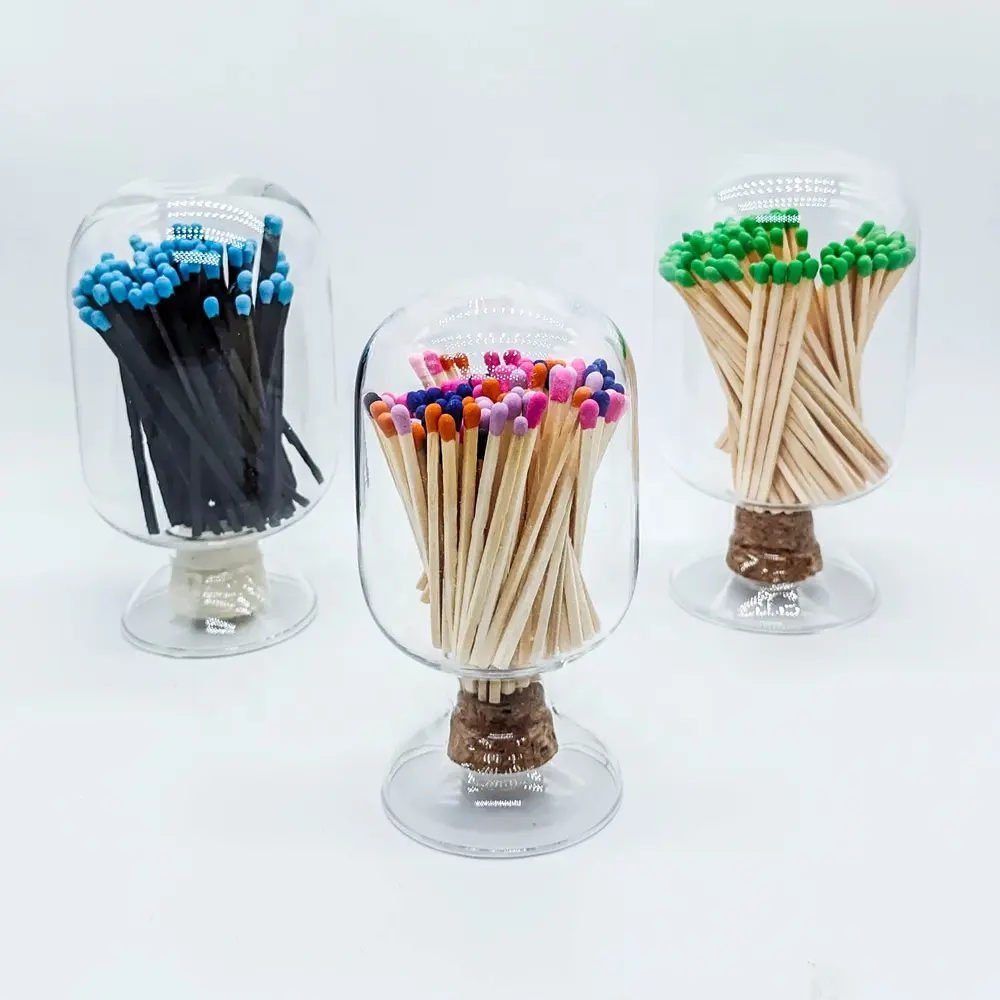 Nuevo diseño tamaño personalizado y color vidrio partido Cloche partido palos botella de vidrio tarros Cloche fósforos