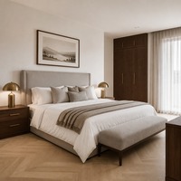 Lit rembourré de qualité hôtelière avec tête de lit haute en tissu pour l'ameublement des chambres d'hôtel et d'appartements équipés