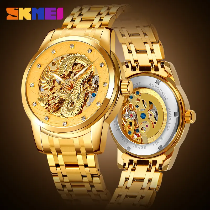 SKMEI 9310 Dragon gold men mechanical watch latest Stainless steel band automatic luxury vintage business watch design