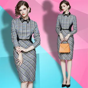 The stock is on sale 2024 new ladies clog wholesale new woolen cloth printed plaid dress shirt collar bead lady dresses slim fit