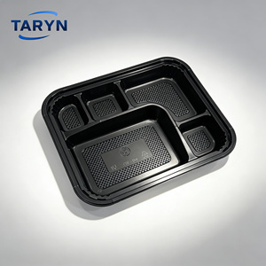 Boîtes à bento jetables en plastique PS noir à 5 compartiments 235x190x50mm pour l'emballage alimentaire des restaurants - Product Image 3