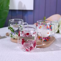 Tasse en verre créative 350 ml à double paroi, résistante à la chaleur, avec fleurs séchées, avec anse, pour jus, bière, lait