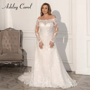 Ashley <span class=keywords><strong>Carol</strong></span> Vestido De Novia De talla grande Scoop Off the Shoulder Apliques De manga larga con cordones Vestido De Novia Vestidos De Novia - Product Image 1