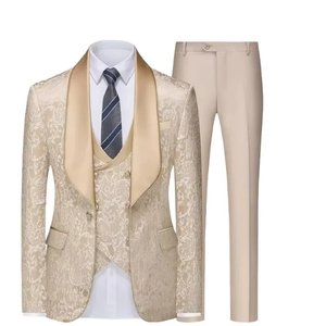 Completo <span class=keywords><strong>Smoking</strong></span> Formale da <span class=keywords><strong>Uomo</strong></span> in Jacquard Champagne a 3 Pezzi con Blazer per Sposo, Testimone, Matrimonio, Elegante <span class=keywords><strong>Smoking</strong></span> Aderente - Product Image 2