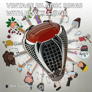 Bague unisexe vintage rétro punk islamique, plaquée or rose, acier inoxydable, doubles épées, pierre noire, religieuse, musulmane, tendance - Product Image 2