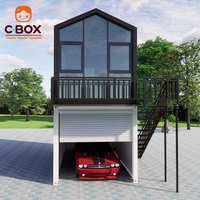 Cbox Maison conteneur modulaire préfabriquée à toit en pente, type dortoir capsule garage à deux étages, avec espace de stationnement double niveau et zone de vie