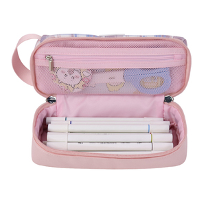 Trousse à crayons personnalisée à carreaux avec base rose et patch souriant |   Sac de papeterie multifonctionnel pour l'école et le bureau - Product Image 6