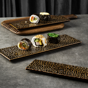 YAYU Vaisselle de sushi en céramique de haute qualité, de style japonais, avec un motif en relief, brun foncé, plateau rectangulaire pour servir les desserts - Product Image 3