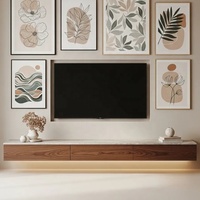 Meuble TV mural moderne en marbre et lattes de bois, console multimédia flottante de luxe contemporaine avec éclairage LED et étagères ouvertes