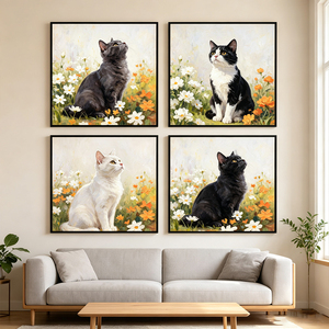 Impression sur toile petite taille, motif <span class=keywords><strong>chat</strong></span> mignon, art mural moderne, style floral, <span class=keywords><strong>portrait</strong></span> de chaton HD, <span class=keywords><strong>dessin</strong></span> pour décoration de salon - Product Image 4