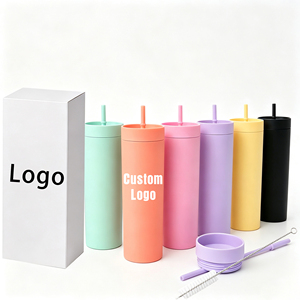 Gobelets minces en plastique acrylique mat réutilisables de 16 oz, sans BPA, à double paroi, avec couvercles et pailles, personnalisables avec logo, pour la vente en gros et le DIY - Product Image 1