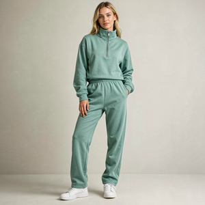 <b>Women</b> Two Piece Solid <b>Green</b> Long Sleeve Zipper Top Loose Fit Sweatpants Casual All Seasons Outfit - Product Image 1