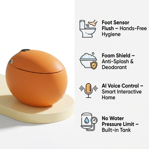 WC intelligent monobloc en céramique, forme œuf, avec siphon en S, couleur personnalisée, chasse automatique, bidet intégré, siège chauffant, OEM ODM, vente en gros usine - Product Image 1