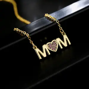 Light Luxury New Mama Letter Initial Necklace Copper Plated Real Gold MOM Pendant Pink Zircon Necklace For Mother's day Gifts
