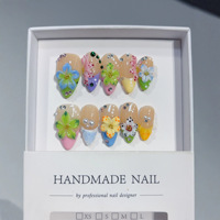 Ongles en amande arc-en-ciel, 10 pièces, avec fleurs 3D, strass et perles, faits à la main, à presser, luxe, taille moyenne