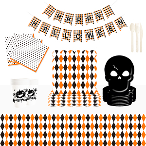 DAMAI New Halloween Black Skull <b>Head</b> Rhombus Pattern Disposable Paper Plates Cups and Napkins for Halloween Party Supply - Product Image 1