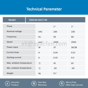 Para R2S133-AE17-43 133mm M2S052-CA 230VAC 37W 0.24A 2650RPM 215m3/h, Rodamiento de Bolas, Purificador de Aire OEM Independiente, Centrífugo - Product Image 3