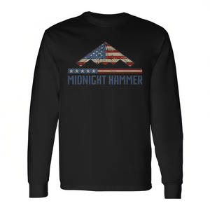 T-shirt à manches longues Midnight Hammer avec motif drapeau américain et avion de chasse furtif, col rond unisexe pour adulte, promotionnel - Product Image 3