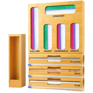 Bamboo <b>Kitchen</b> <b>Storage</b> <b>Box</b> Wall Mounted Wooden Organizer For Plastic Wrap And Food Bags With Cutter And Detachable Design - Product Image 5
