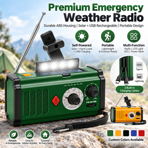 <span class=keywords><strong>Radio</strong></span> météo à manivelle rechargeable portable à vente directe d'usine <span class=keywords><strong>Radio</strong></span> auto-alimentée avec fonctions USB et solaires - Product Image 2