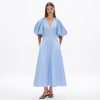 Robe midi de bureau personnalisée pour femme, en popeline de coton, bleu pétrole, col en V profond, manches bouffantes, coupe trapèze, couture princesse, poches latérales