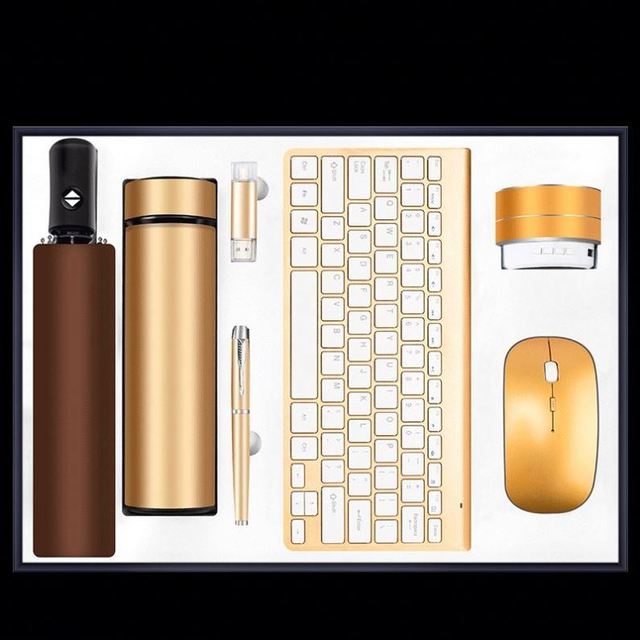 Custom logo 7-in-1 Wireless Keyboard Mouse USB Drive Bluetooth Speaker Pen Vacuum Cup Umbrella Set for Motivating Employees Gift