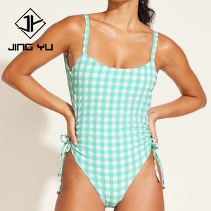 Nouveau maillot de bain une pièce plissé style plage vert mousse marin à carreaux en polyester durable personnalisé pour femme - Product Image 1