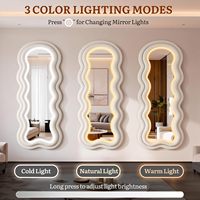 Miroir décoratif moderne ondulé pleine longueur, irrégulier, avec éclairage 3 couleurs réglable, anti-explosion, cadre de luxe en velours Teddy