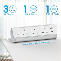 Regleta de alimentación industrial de sobremesa del Reino Unido con interruptor, 3 tomas de 10A, 1 puerto USB, para uso hospitalario, montaje en borde de escritorio, con abrazadera de aleación de aluminio