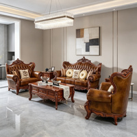 Ensemble de canapés en cuir véritable et bois massif sculpté à la main, style rococo européen de luxe, couleur caramel, chaise longue, meubles de salon