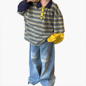 Polo à manches contrastées pour enfants, ensemble deux pièces, nouveau style printemps-automne 2026, t-shirt à manches longues pour garçons, haut rayé ample - Product Image 3